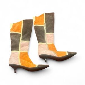 Vintage Leather Multi-color Patchwork Kitten Heel Boots Size 7